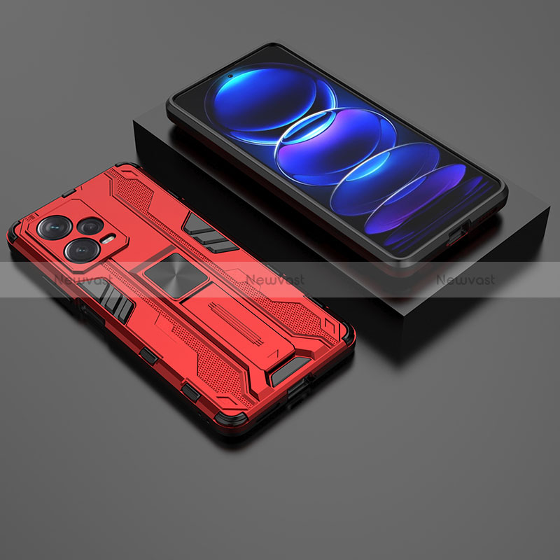 Silicone Matte Finish and Plastic Back Cover Case with Magnetic Stand KC2 for Xiaomi Redmi Note 12 Explorer Red