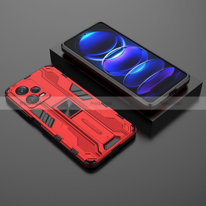 Silicone Matte Finish and Plastic Back Cover Case with Magnetic Stand KC2 for Xiaomi Redmi Note 12 Pro 5G Red