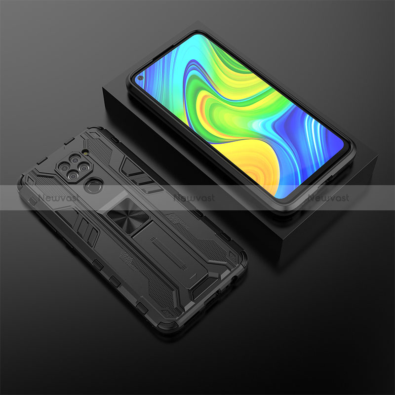 Silicone Matte Finish and Plastic Back Cover Case with Magnetic Stand KC2 for Xiaomi Redmi Note 9 Black