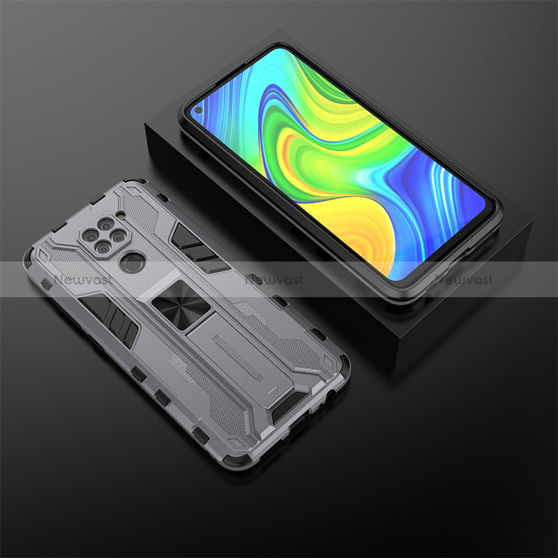 Silicone Matte Finish and Plastic Back Cover Case with Magnetic Stand KC2 for Xiaomi Redmi Note 9 Gray