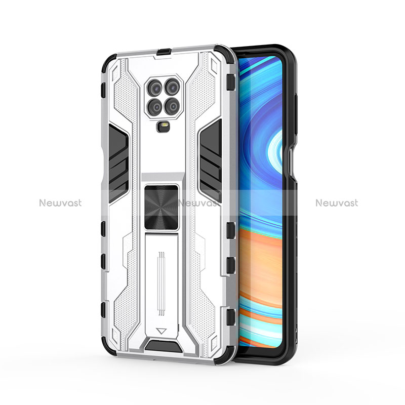 Silicone Matte Finish and Plastic Back Cover Case with Magnetic Stand KC2 for Xiaomi Redmi Note 9 Pro Max White