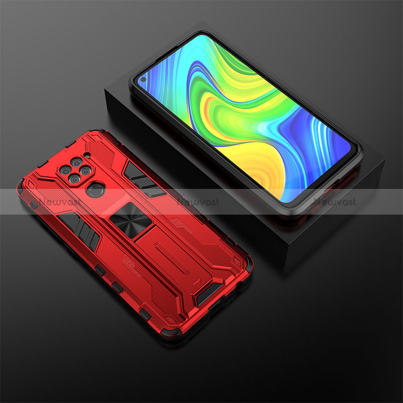 Silicone Matte Finish and Plastic Back Cover Case with Magnetic Stand KC2 for Xiaomi Redmi Note 9 Red