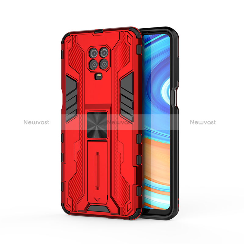 Silicone Matte Finish and Plastic Back Cover Case with Magnetic Stand KC2 for Xiaomi Redmi Note 9S Red