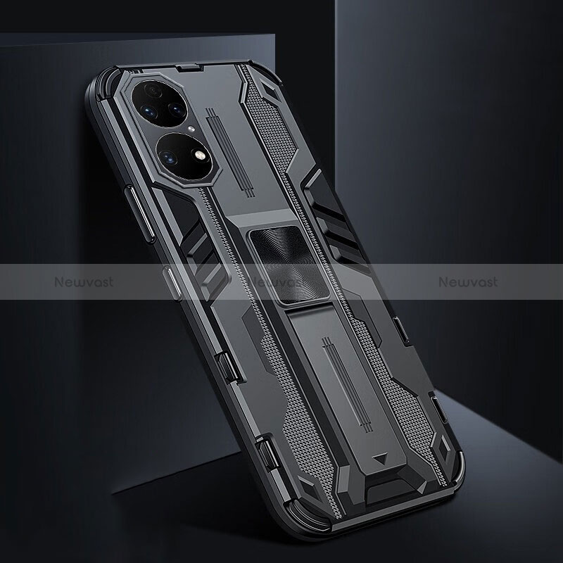 Silicone Matte Finish and Plastic Back Cover Case with Magnetic Stand KC3 for Huawei P50 Black