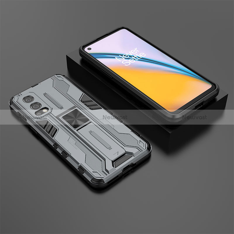 Silicone Matte Finish and Plastic Back Cover Case with Magnetic Stand KC3 for OnePlus Nord 2 5G Gray