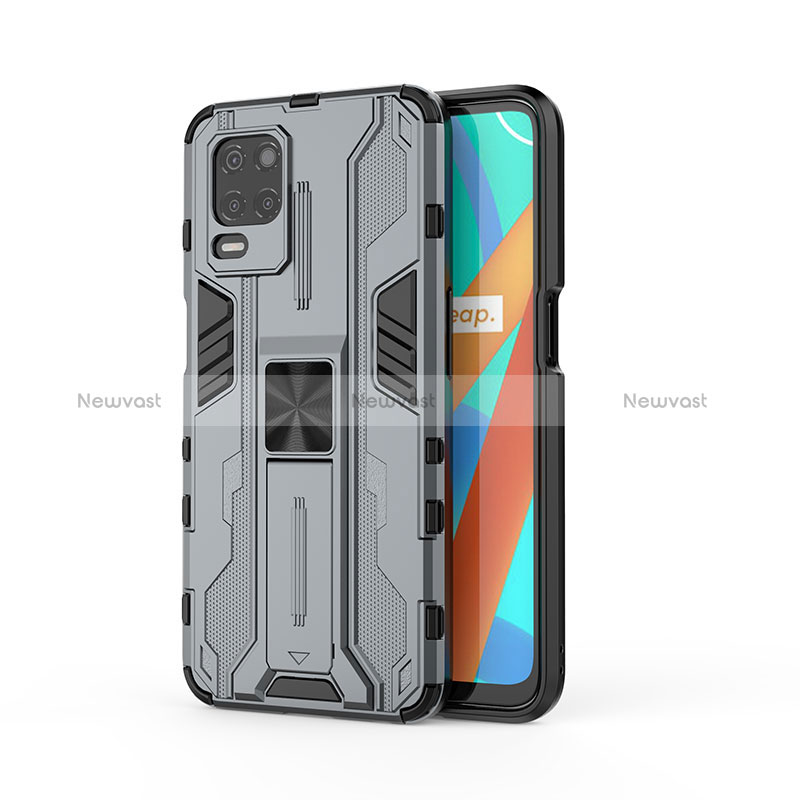 Silicone Matte Finish and Plastic Back Cover Case with Magnetic Stand KC3 for Realme 8s 5G Gray