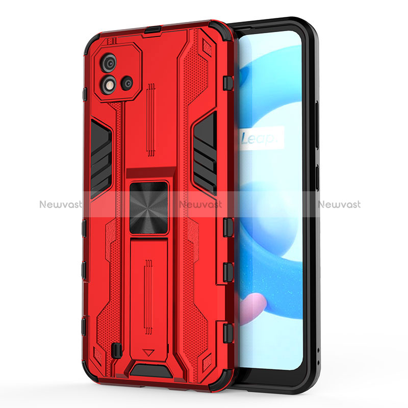 Silicone Matte Finish and Plastic Back Cover Case with Magnetic Stand KC3 for Realme C20 Red