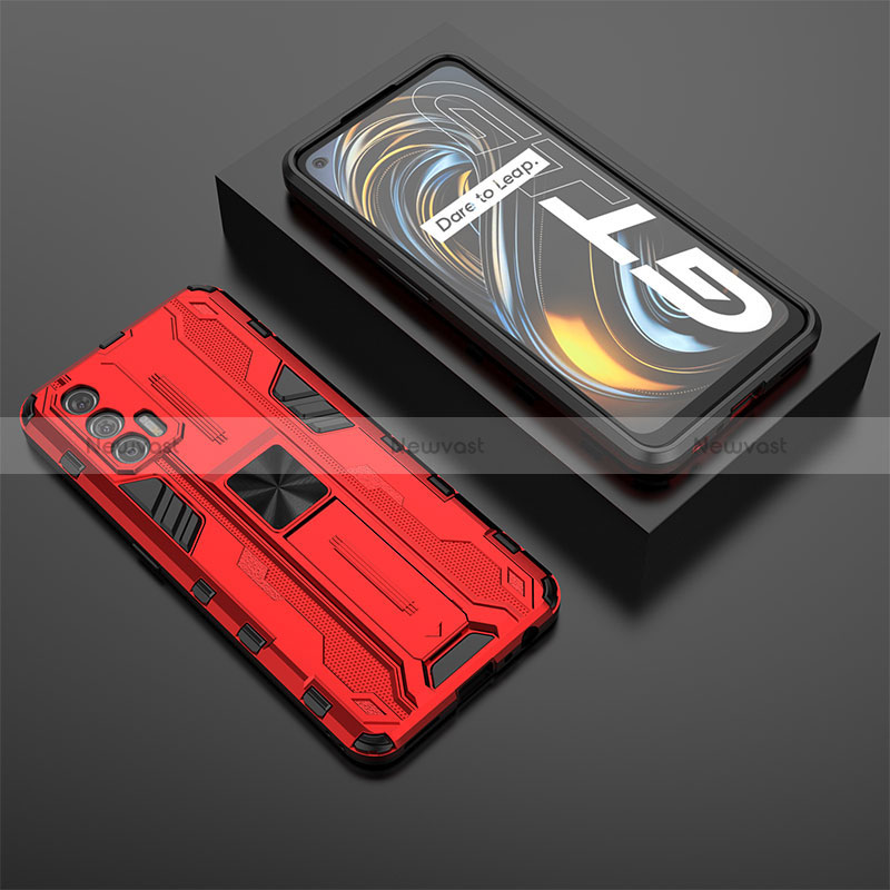 Silicone Matte Finish and Plastic Back Cover Case with Magnetic Stand KC3 for Realme GT 5G Red