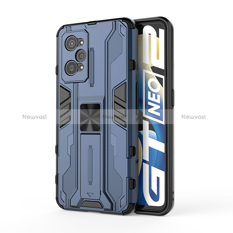 Silicone Matte Finish and Plastic Back Cover Case with Magnetic Stand KC3 for Realme GT Neo 3T 5G Blue