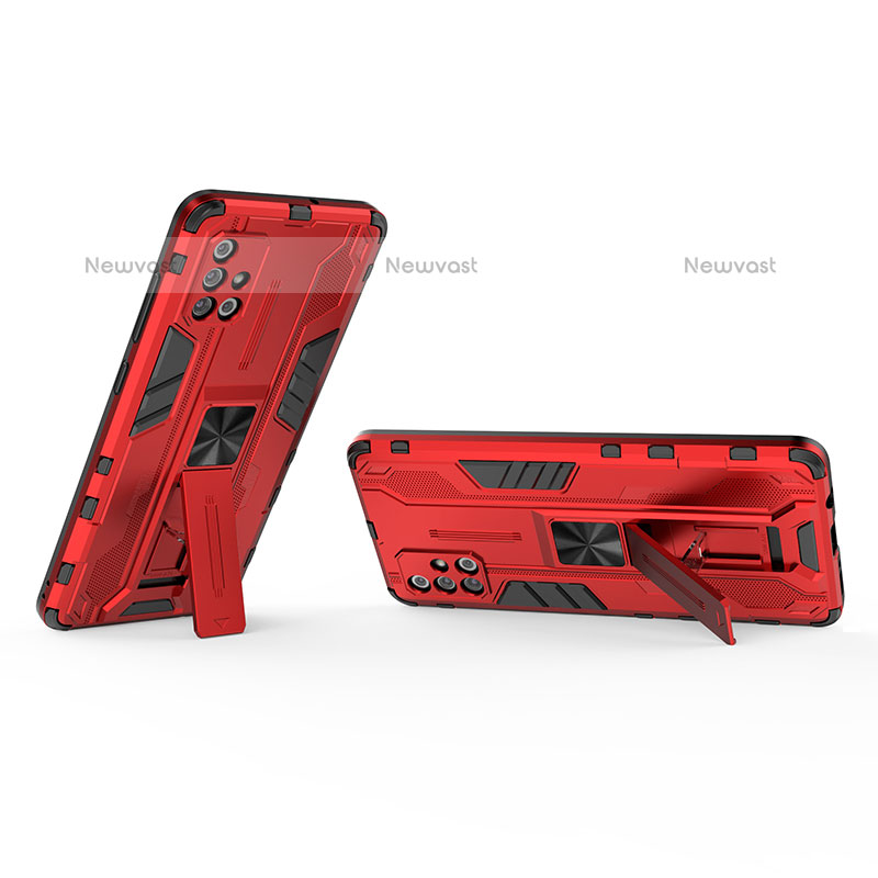 Silicone Matte Finish and Plastic Back Cover Case with Magnetic Stand KC3 for Samsung Galaxy A71 4G A715 Red