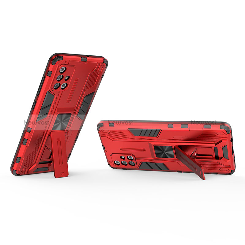 Silicone Matte Finish and Plastic Back Cover Case with Magnetic Stand KC3 for Samsung Galaxy A71 5G Red