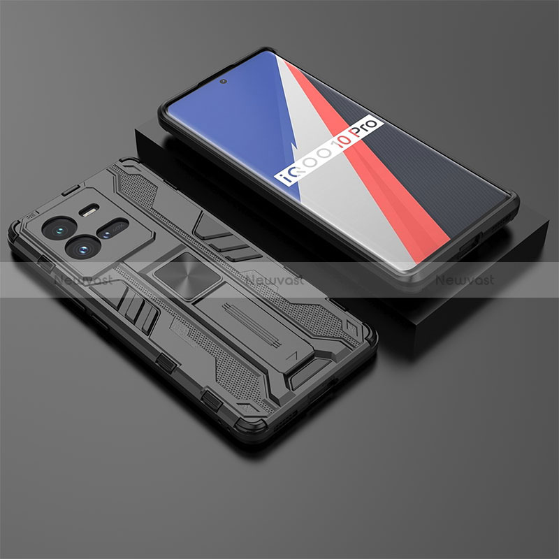 Silicone Matte Finish and Plastic Back Cover Case with Magnetic Stand KC3 for Vivo iQOO 10 Pro 5G Black