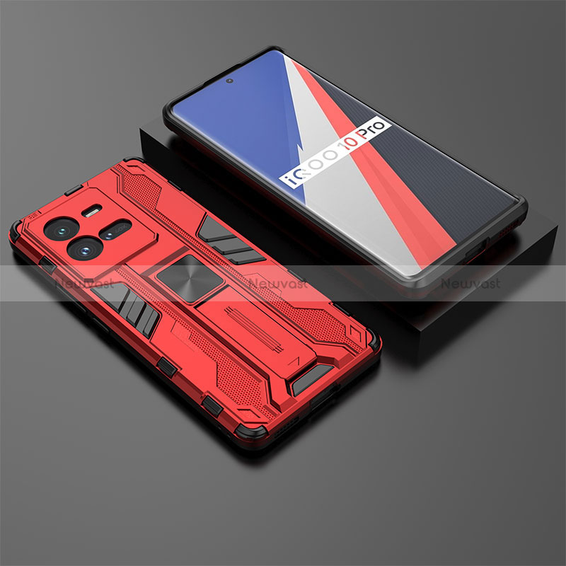 Silicone Matte Finish and Plastic Back Cover Case with Magnetic Stand KC3 for Vivo iQOO 10 Pro 5G Red