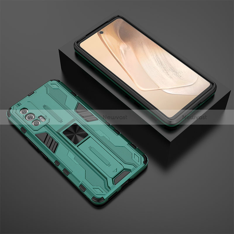 Silicone Matte Finish and Plastic Back Cover Case with Magnetic Stand KC3 for Vivo iQOO 7 India 5G