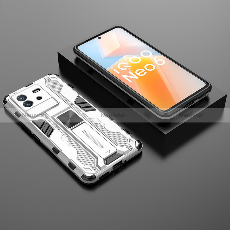 Silicone Matte Finish and Plastic Back Cover Case with Magnetic Stand KC3 for Vivo iQOO Neo6 5G White