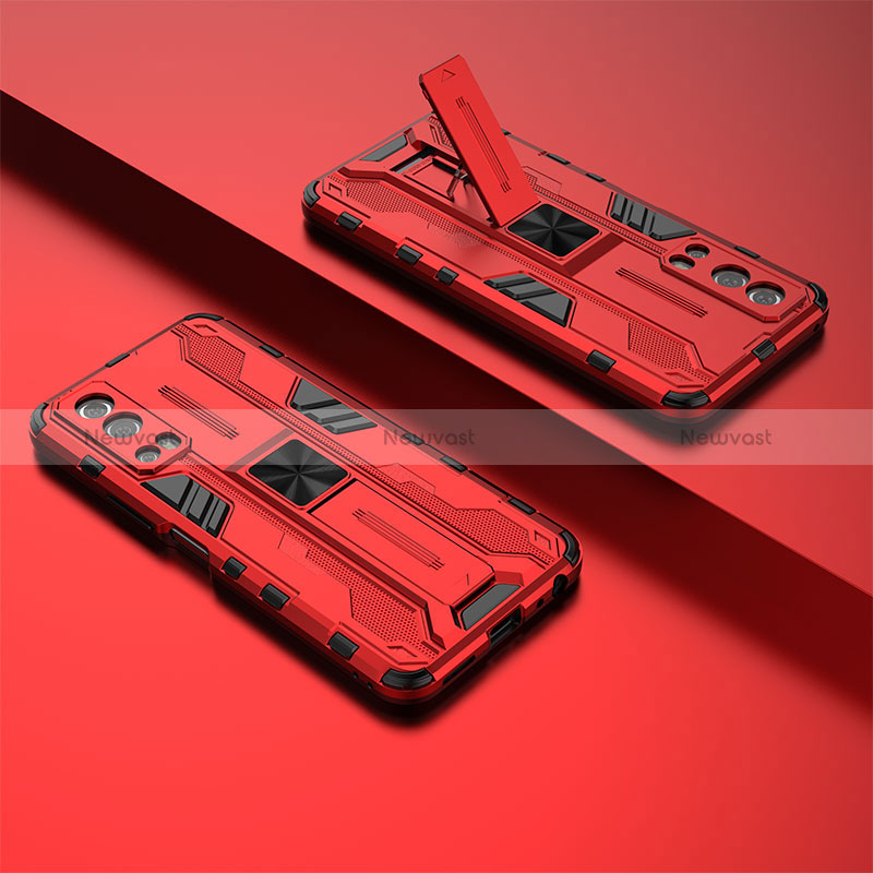 Silicone Matte Finish and Plastic Back Cover Case with Magnetic Stand KC3 for Vivo iQOO Z3 5G Red