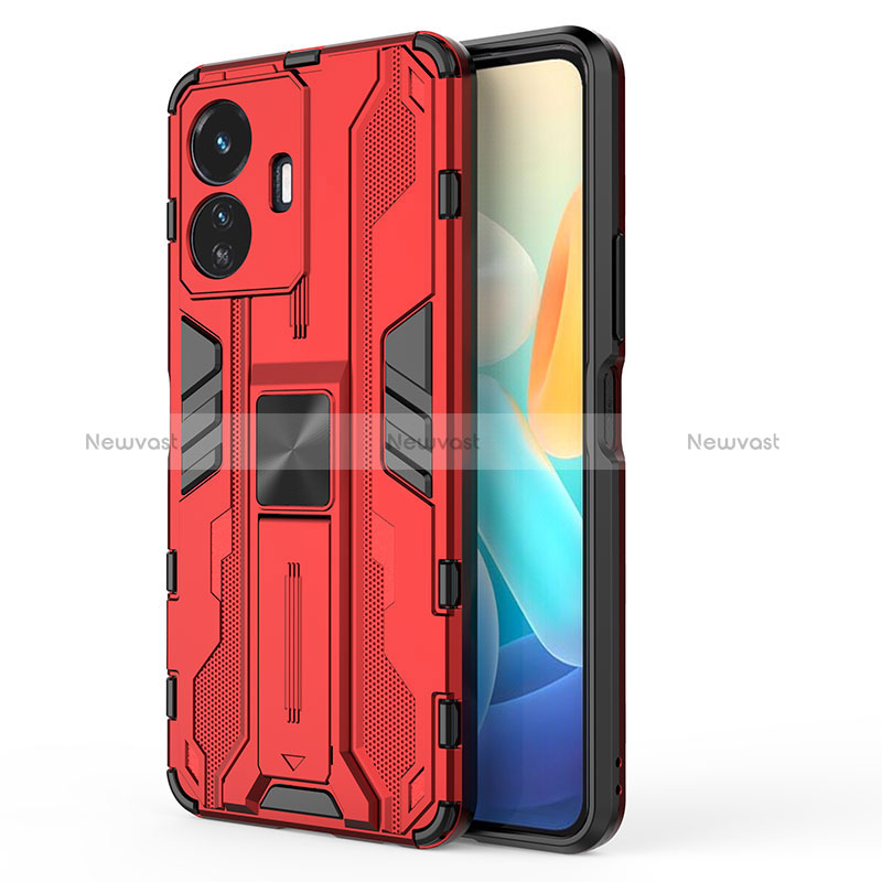 Silicone Matte Finish and Plastic Back Cover Case with Magnetic Stand KC3 for Vivo iQOO Z6 Lite 5G