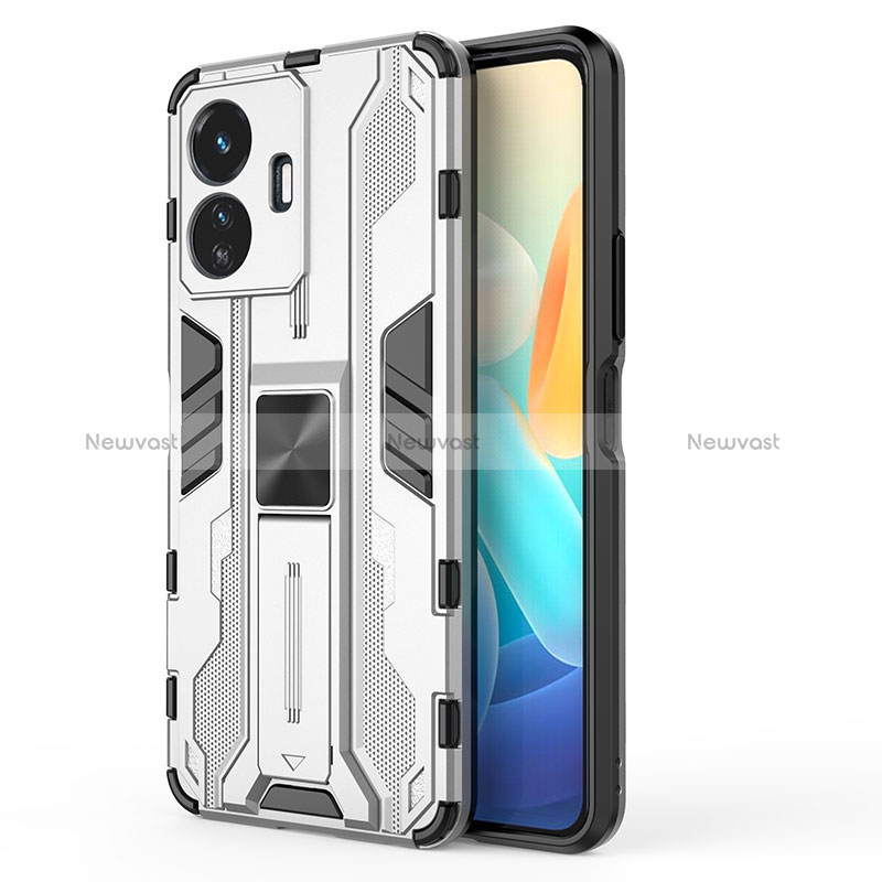 Silicone Matte Finish and Plastic Back Cover Case with Magnetic Stand KC3 for Vivo iQOO Z6 Lite 5G