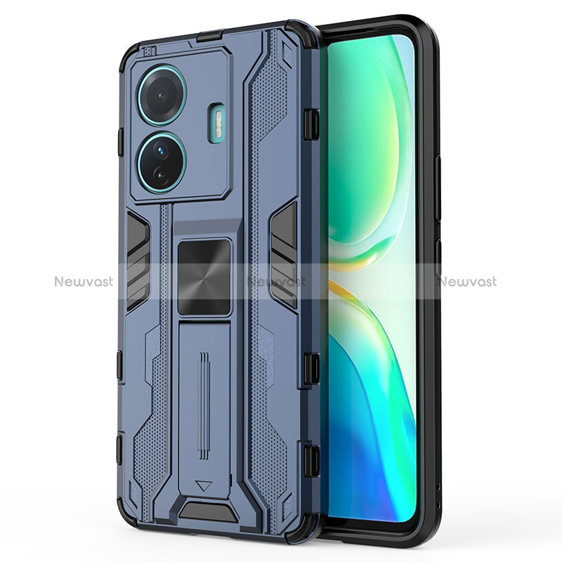 Silicone Matte Finish and Plastic Back Cover Case with Magnetic Stand KC3 for Vivo iQOO Z6 Pro 5G Blue