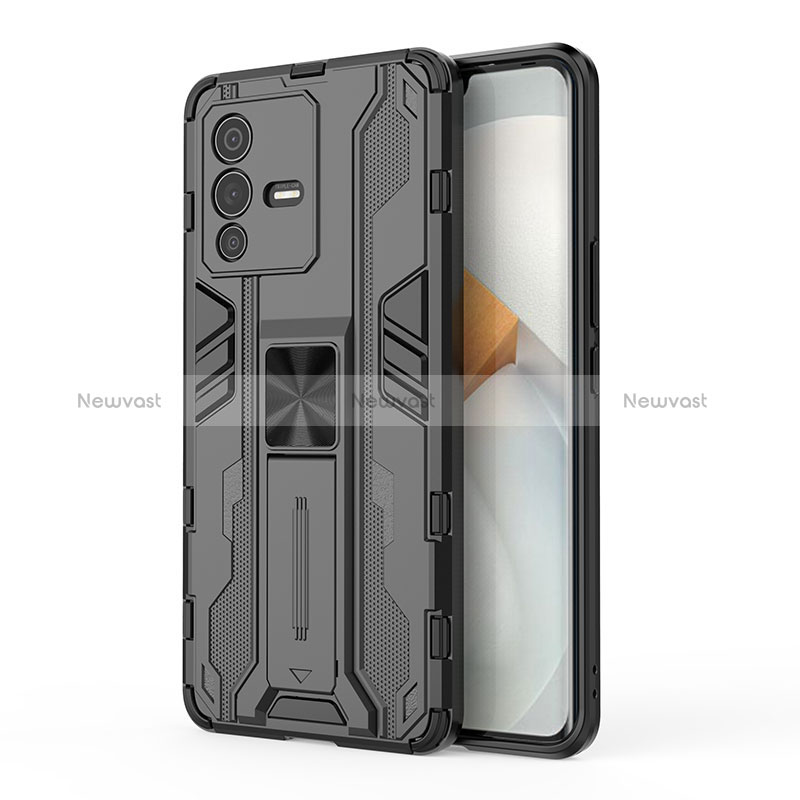 Silicone Matte Finish and Plastic Back Cover Case with Magnetic Stand KC3 for Vivo V23 Pro 5G Black