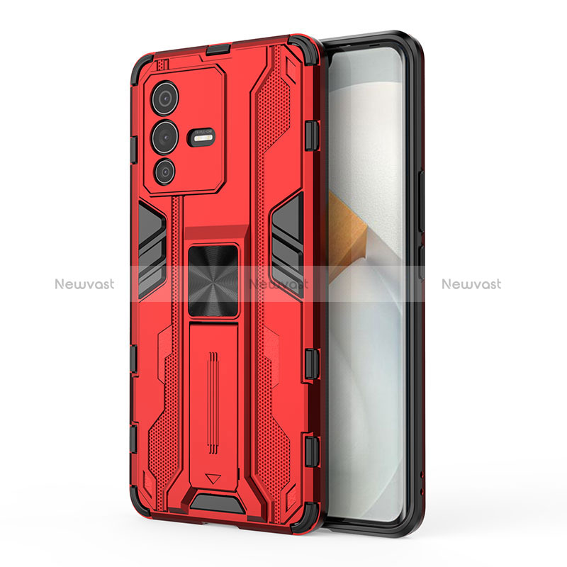Silicone Matte Finish and Plastic Back Cover Case with Magnetic Stand KC3 for Vivo V23 Pro 5G Red