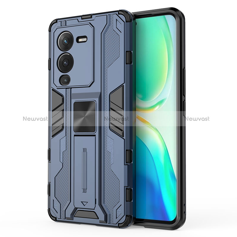 Silicone Matte Finish and Plastic Back Cover Case with Magnetic Stand KC3 for Vivo V25 Pro 5G Blue