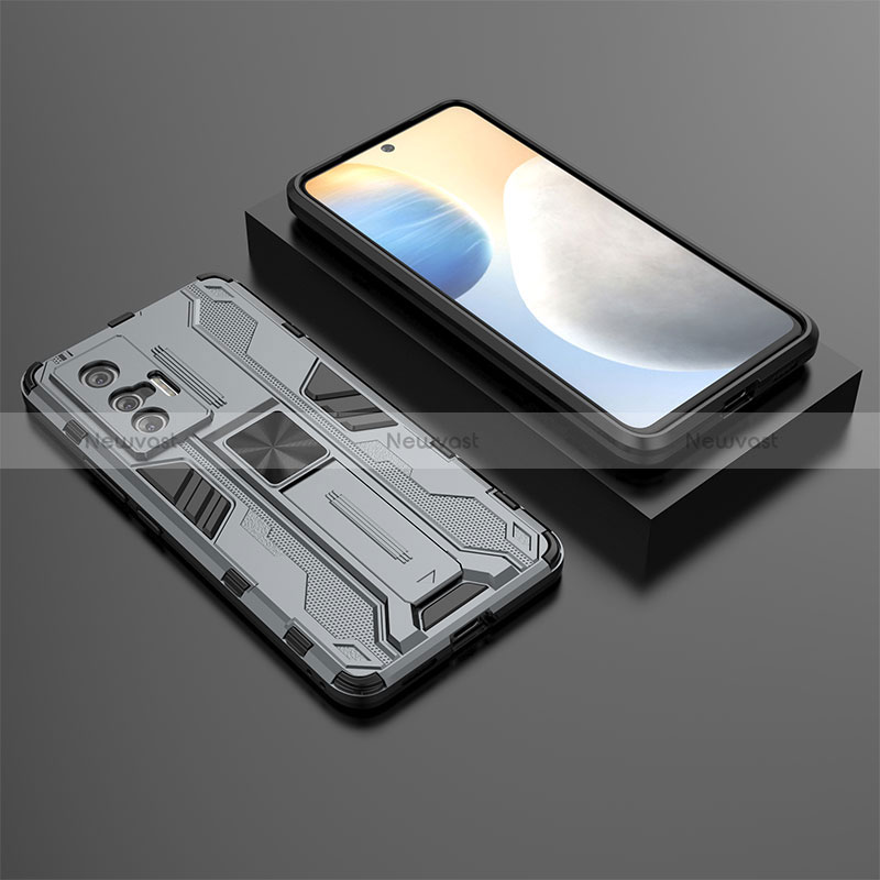 Silicone Matte Finish and Plastic Back Cover Case with Magnetic Stand KC3 for Vivo X70 5G