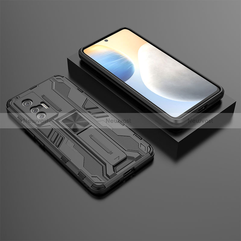 Silicone Matte Finish and Plastic Back Cover Case with Magnetic Stand KC3 for Vivo X70 5G Black