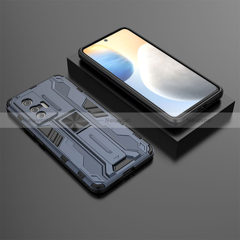 Silicone Matte Finish and Plastic Back Cover Case with Magnetic Stand KC3 for Vivo X70 5G Blue