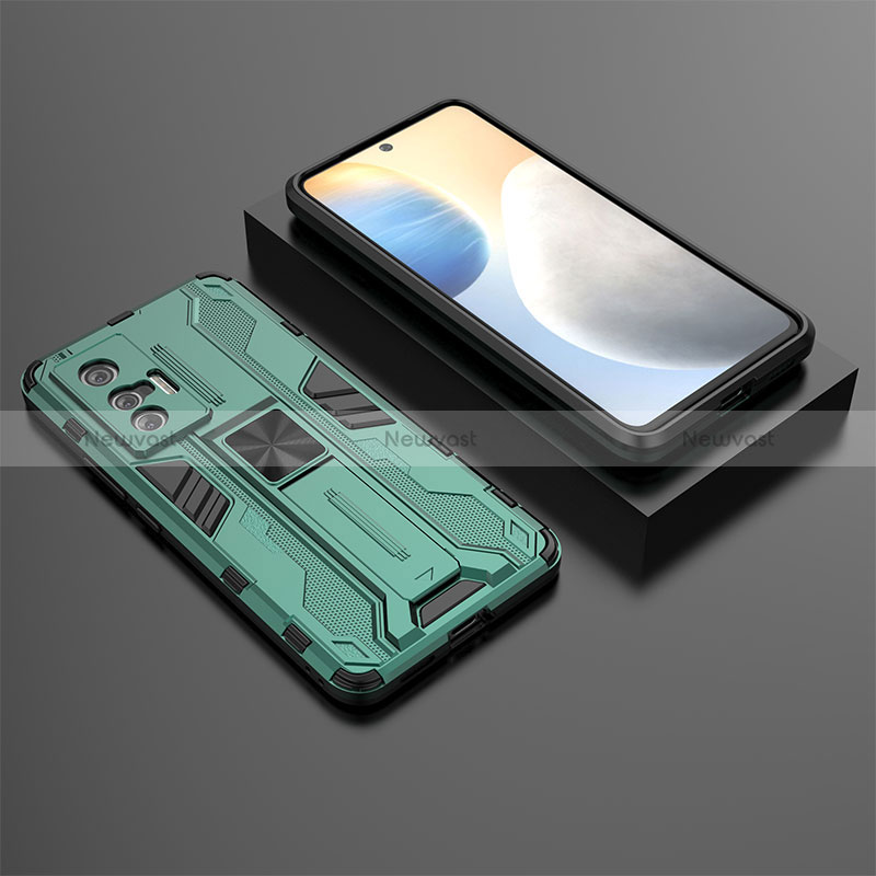 Silicone Matte Finish and Plastic Back Cover Case with Magnetic Stand KC3 for Vivo X70 5G Green