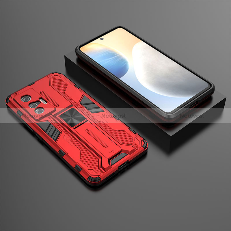 Silicone Matte Finish and Plastic Back Cover Case with Magnetic Stand KC3 for Vivo X70 5G Red