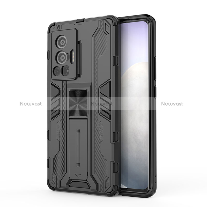 Silicone Matte Finish and Plastic Back Cover Case with Magnetic Stand KC3 for Vivo X70 Pro 5G Black