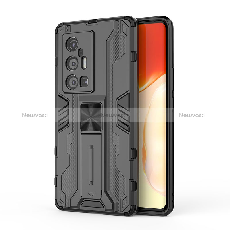 Silicone Matte Finish and Plastic Back Cover Case with Magnetic Stand KC3 for Vivo X70 Pro+ Plus 5G Black