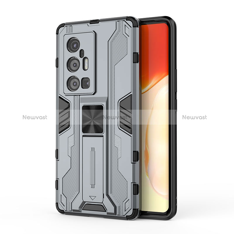 Silicone Matte Finish and Plastic Back Cover Case with Magnetic Stand KC3 for Vivo X70 Pro+ Plus 5G Gray