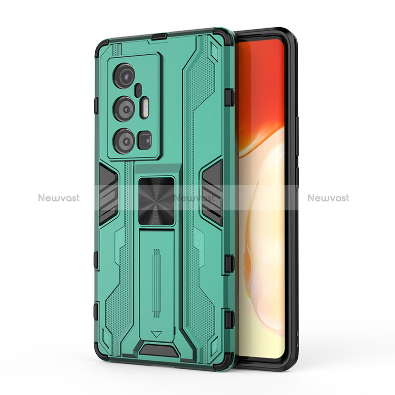 Silicone Matte Finish and Plastic Back Cover Case with Magnetic Stand KC3 for Vivo X70 Pro+ Plus 5G Green