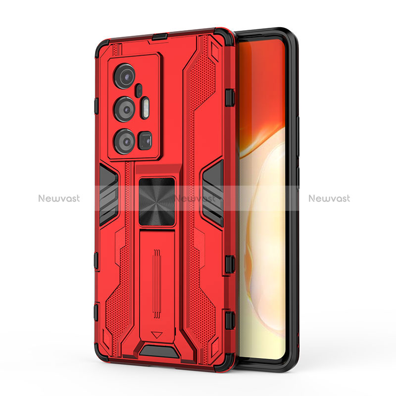 Silicone Matte Finish and Plastic Back Cover Case with Magnetic Stand KC3 for Vivo X70 Pro+ Plus 5G Red