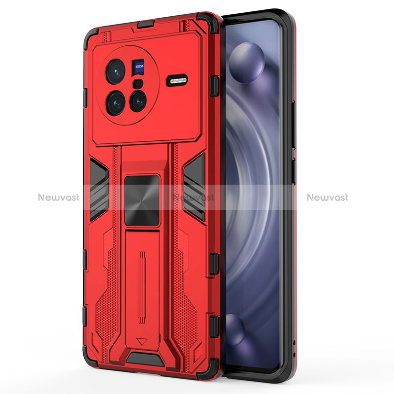 Silicone Matte Finish and Plastic Back Cover Case with Magnetic Stand KC3 for Vivo X80 5G Red