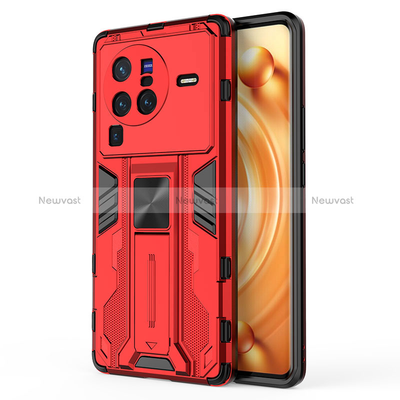 Silicone Matte Finish and Plastic Back Cover Case with Magnetic Stand KC3 for Vivo X80 Pro 5G Red