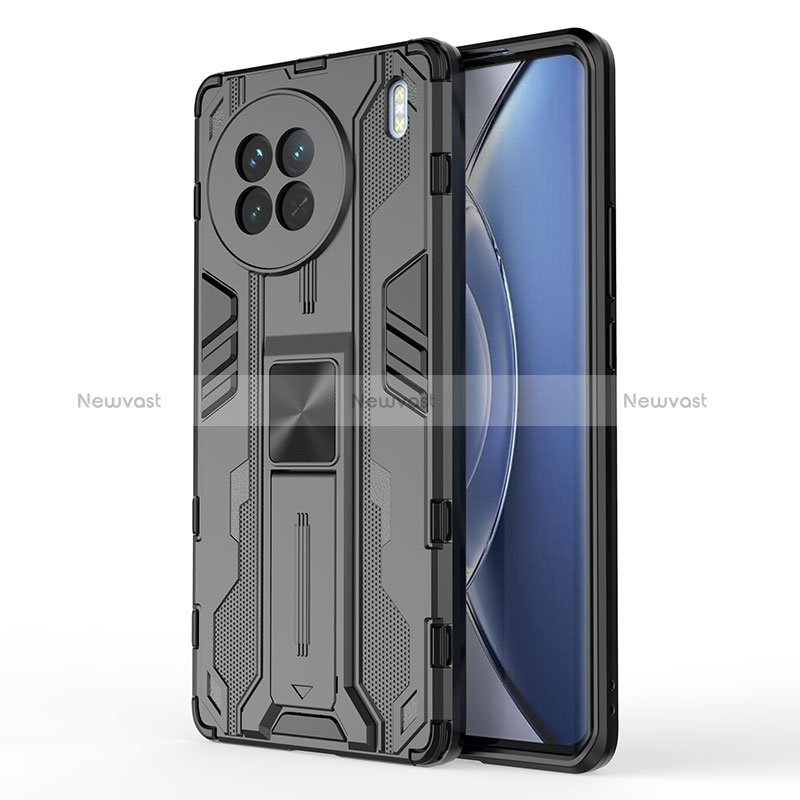 Silicone Matte Finish and Plastic Back Cover Case with Magnetic Stand KC3 for Vivo X90 5G Black