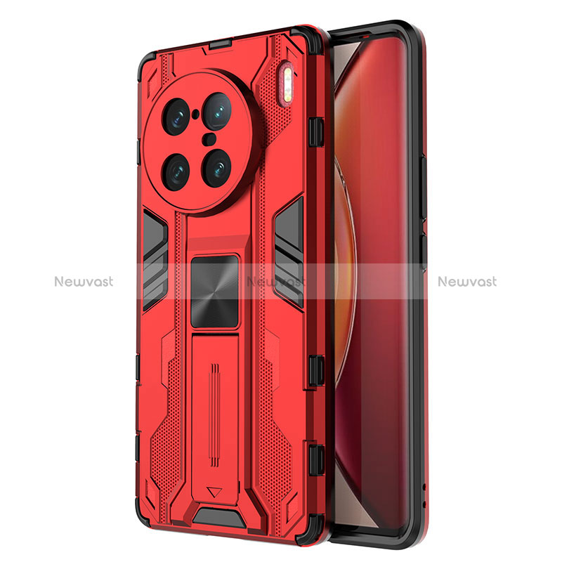 Silicone Matte Finish and Plastic Back Cover Case with Magnetic Stand KC3 for Vivo X90 Pro+ Plus 5G Red