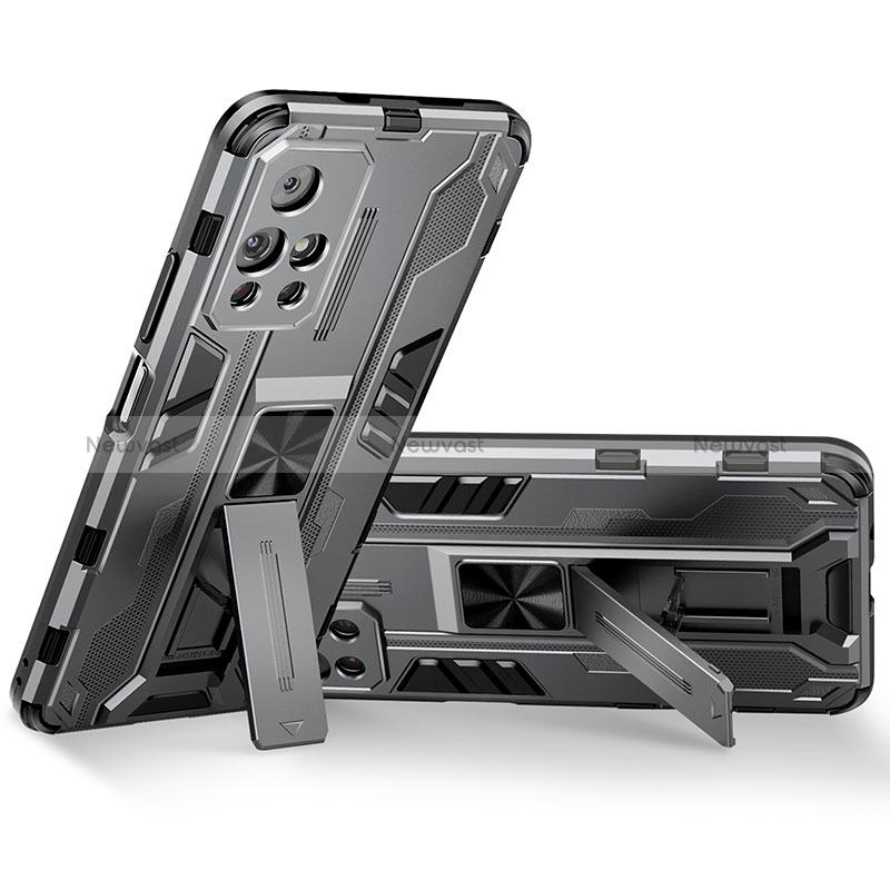 Silicone Matte Finish and Plastic Back Cover Case with Magnetic Stand KC3 for Xiaomi Poco M4 Pro 5G Gray