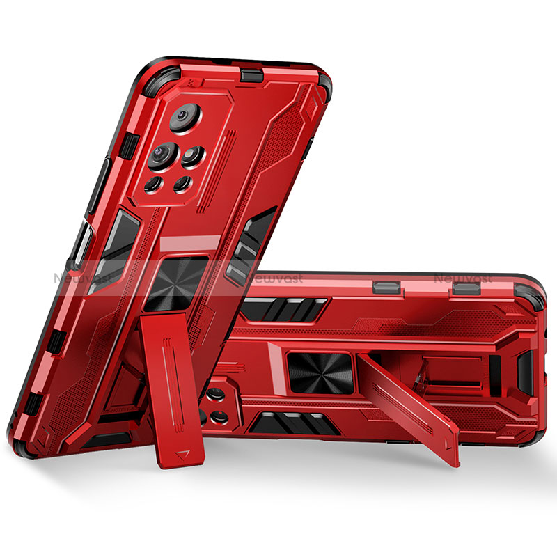 Silicone Matte Finish and Plastic Back Cover Case with Magnetic Stand KC3 for Xiaomi Poco M4 Pro 5G Red