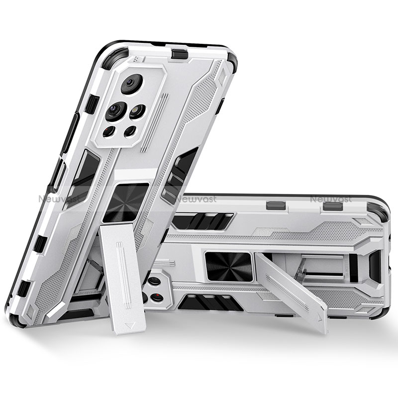 Silicone Matte Finish and Plastic Back Cover Case with Magnetic Stand KC3 for Xiaomi Poco M4 Pro 5G White