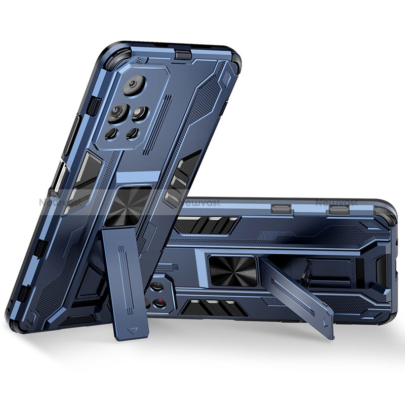 Silicone Matte Finish and Plastic Back Cover Case with Magnetic Stand KC3 for Xiaomi Redmi Note 11 5G Blue