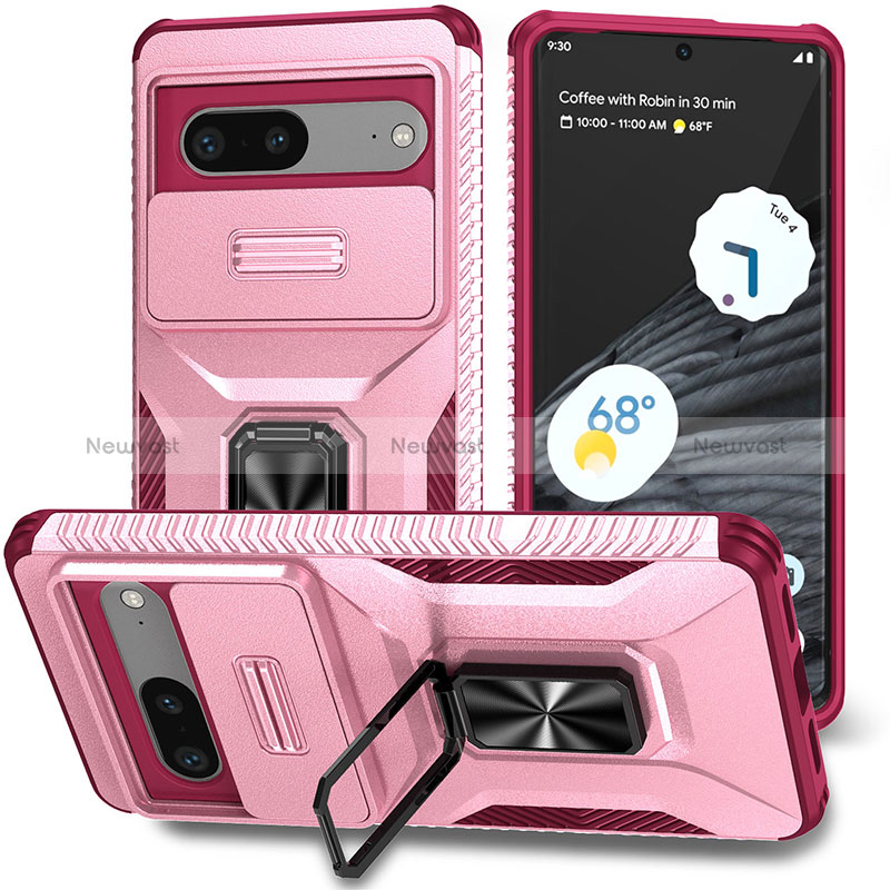 Silicone Matte Finish and Plastic Back Cover Case with Magnetic Stand MQ1 for Google Pixel 7 5G Hot Pink