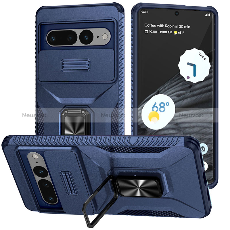 Silicone Matte Finish and Plastic Back Cover Case with Magnetic Stand MQ1 for Google Pixel 7 Pro 5G Blue