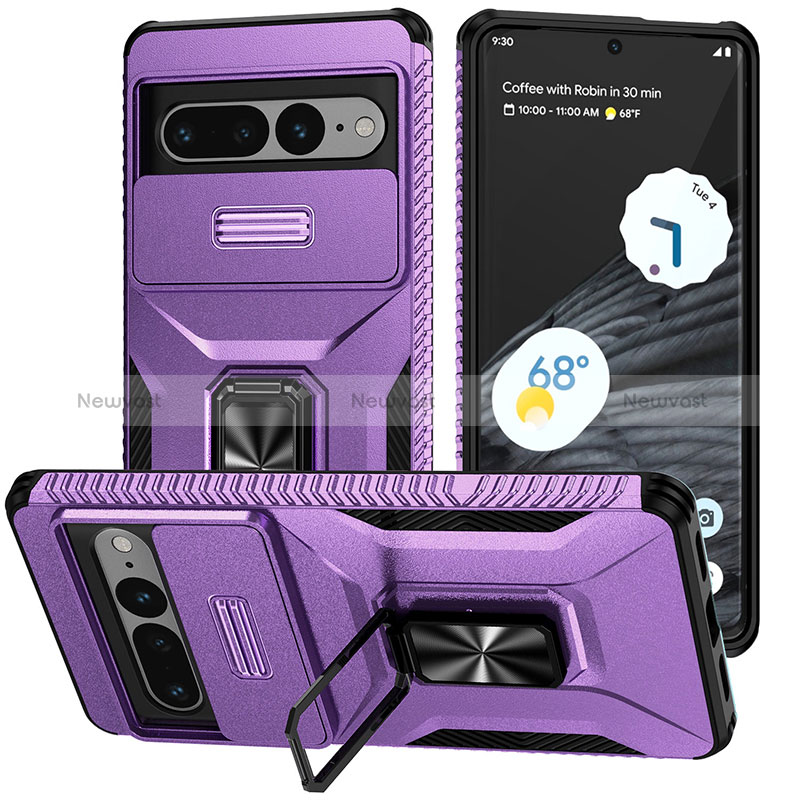 Silicone Matte Finish and Plastic Back Cover Case with Magnetic Stand MQ1 for Google Pixel 7 Pro 5G Purple