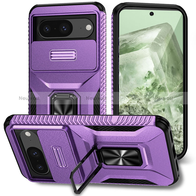 Silicone Matte Finish and Plastic Back Cover Case with Magnetic Stand MQ1 for Google Pixel 8 5G Purple