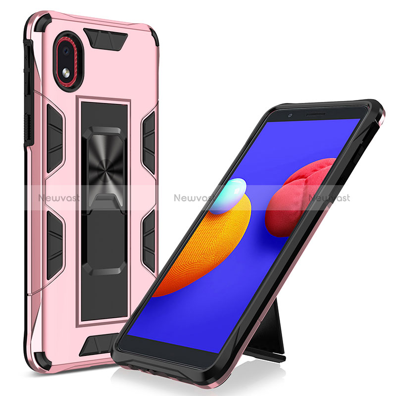 Silicone Matte Finish and Plastic Back Cover Case with Magnetic Stand MQ1 for Samsung Galaxy A01 Core Rose Gold