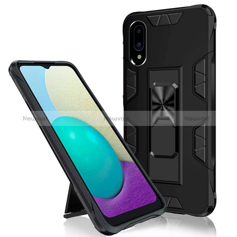 Silicone Matte Finish and Plastic Back Cover Case with Magnetic Stand MQ1 for Samsung Galaxy A02 Black